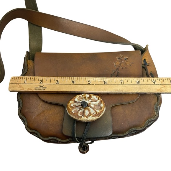 1960s/70s Vintage Hand Tooled Leather & Painted Flower Shoulder Bag Purse Boho - Picture 10 of 12